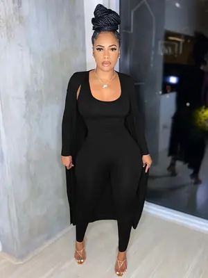 Women's Solid Scoop Neck Jumpsuit & Long Sleeve Open Front Outerwear Two Piece Set, Casual Skinny Jumpsuit & Longline Outerw...