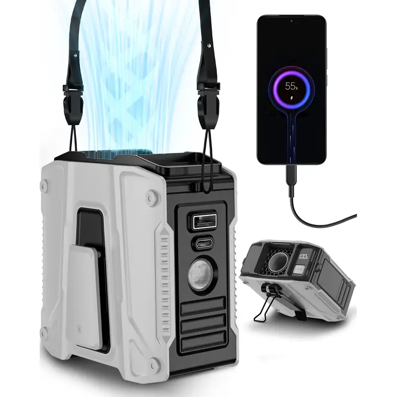 FrSara Waist Fan, 8000mAh PowerBank, Portable Fan, Metal Clip, High Speed ​​Fan, Cooling Fan that Blows w/ Lanyard, 5-Spe...