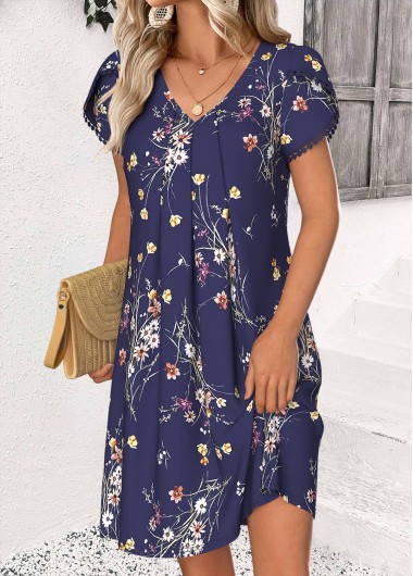 Modlily Navy Floral Print Short V Neck Dress - S