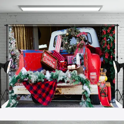Retro Truck Back Wreath Dessert Christmas Backdrop - Aperturee