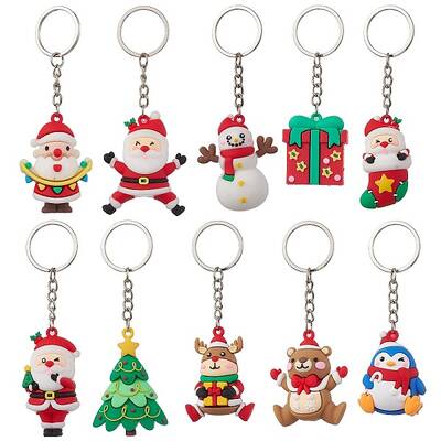 10Pcs 10 Styles Christmas Theme PVC Plastic Pendant Keychains