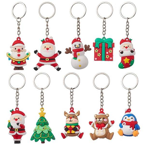 10Pcs 10 Styles Christmas Theme PVC Plastic Pendant Keychains