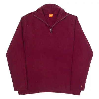 HUGO BOSS Mens Jumper Maroon 1/4 Zip Tight Knit Wool L