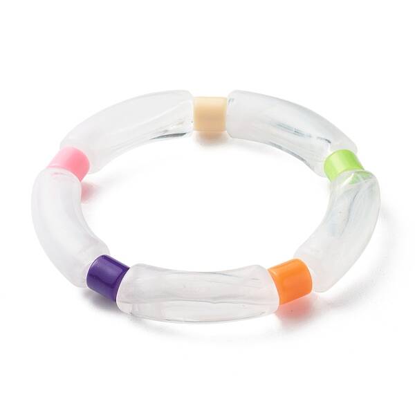 Chunky Acrylic Curved Tube & Column Beads Stretch Bracelet for Girl Women