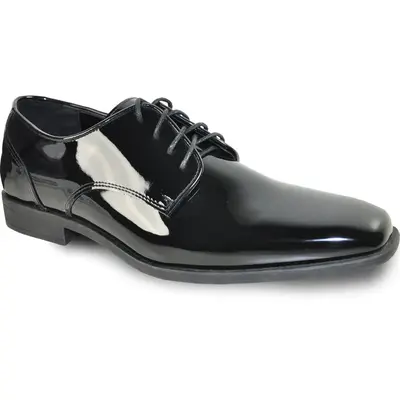 MENS MODERN POINTY SQUARE TOE OXFORD PATENT TUXEDO SHOE IN BLACK