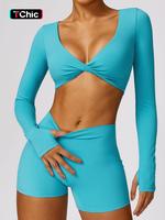 Two-piece Set Women's Solid Twist V Neck Tracksuit Set, Sporty Style Breathable Athletic Long Sleeve Crop Top & Skinny Shorts...
