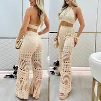 ChicMe Women's 2 Pieces Halter Sleeveless Crop Top and Casual Hollow-out Loose Fit Pants Set