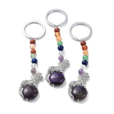 Natural Amethyst & Brass Cheetah Keychain