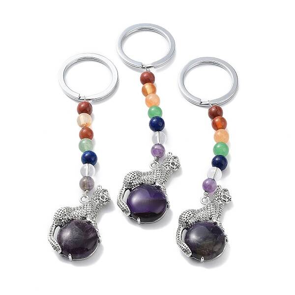 Natural Amethyst & Brass Cheetah Keychain