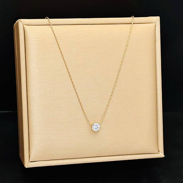 Stainless Steel 6-Claw Clear Cubic Zirconia Flat Round Pendant Necklaces