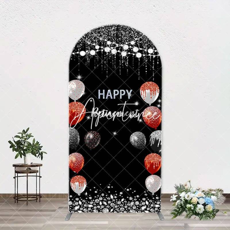 Silver Sparkle Balloon Black Arch Retirement Backdrop