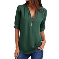 Women's 3/4 Length Sleeve V Neck Flowy Tunic Blouses Work Tops Shirts with Zippers