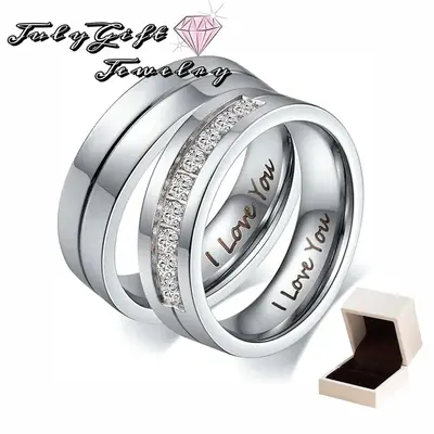 Engagement Rings [Engraved “I Love You”] [Shiny Stainless Steel] Couple Wedding Promise Ring for Women/Men, Inlaid 9 CZ