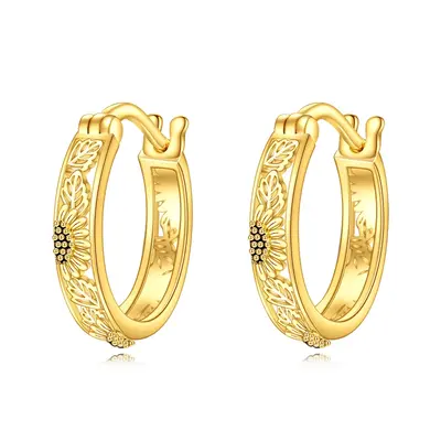 14K Yellow Gold Hollow Sunflower Small Huggie Hoop Earrings