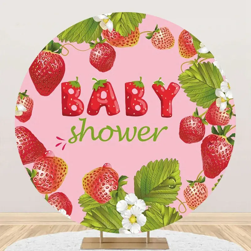 Pink Strawberry Leaves Round Baby Shower Backdrop - Aperturee