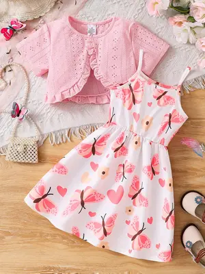 Girl's Butterfly Print Cami Dress & Plain Jacket Two-piece Set, Casual Cute Short Sleeve Outerwear & Sleeveless Dress, Girl C...