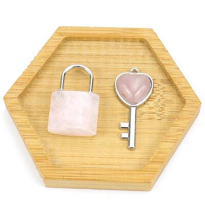 Natural Rose Quartz Love Heart Key and Couple Lock Pendant Set