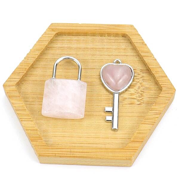Natural Rose Quartz Love Heart Key and Couple Lock Pendant Set