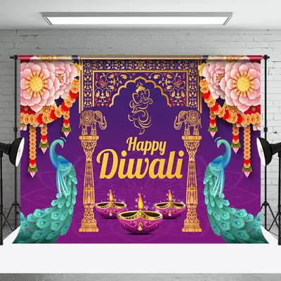 Aperturee Fuchsia Floral Peacock Ganesha Happy Diwali Backdrop - Aperturee