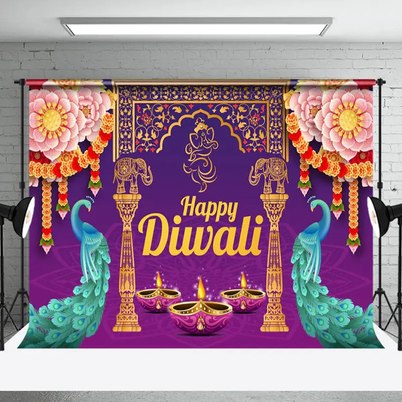 Aperturee Fuchsia Floral Peacock Ganesha Happy Diwali Backdrop - Aperturee