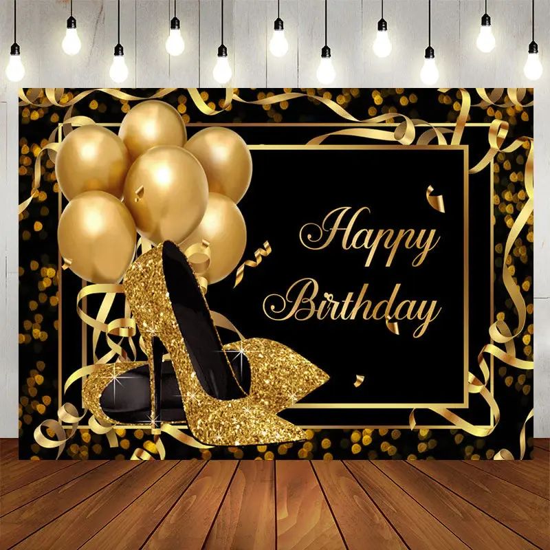 Aperturee Gold Heels Balloons Black Birthday Backdrop