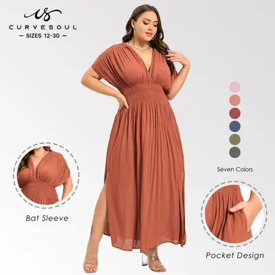【Plus Size】Curvesoul Outdoorfun Summer V-Neck Batwing Short Sleeve Ruched Waist Pleated Maxi Dress FallFreshness