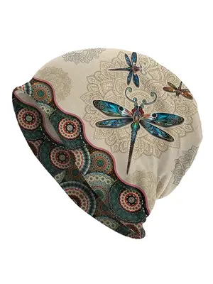 Dragonfly Pattern Warm Beanie Hat, Boho Style Ethnic Pattern Beanie Hat for Fall & Winter, Fashion Vintage All-match Accessor...