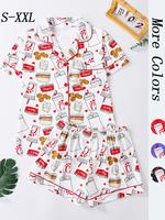 Women's All Over Print Button Front Shirt & Shorts Pyjama Set, Comfort Two-piece Pj Set for Homewear, Women's Sleepwear for ...