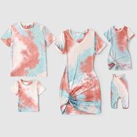 PatPat Family Matching Colorblock Tie Dye Twist Knot Bodycon Dresses and Short-sleeve T-shirts Sets Spingtok