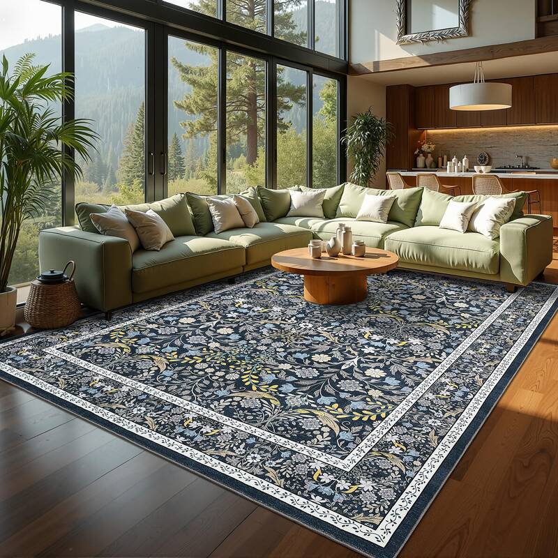 Garvee Vintage Floral 9x12 Area Rug, Washable Non-Slip Stain Resistant Soft Low-Pile Fabric, Durable Edges, Blue, Living Room...