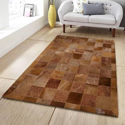 Brown & Leopard Print Cowhide Patchwork Rug
