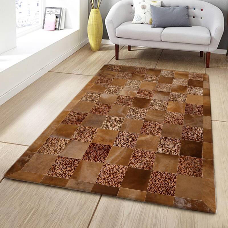 Brown & Leopard Print Cowhide Patchwork Rug