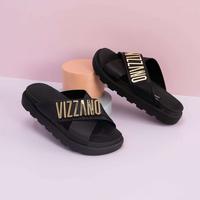 Vizzano Black Open-Toe Sandals with Gold Lettering - Comfortable Everyday Wear Flat Shoes for Women Elegant Parent Girl Pedal...