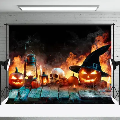 Aperturee Mystic Witch Fire Pumpkin Skull Halloween Backdrop - Aperturee