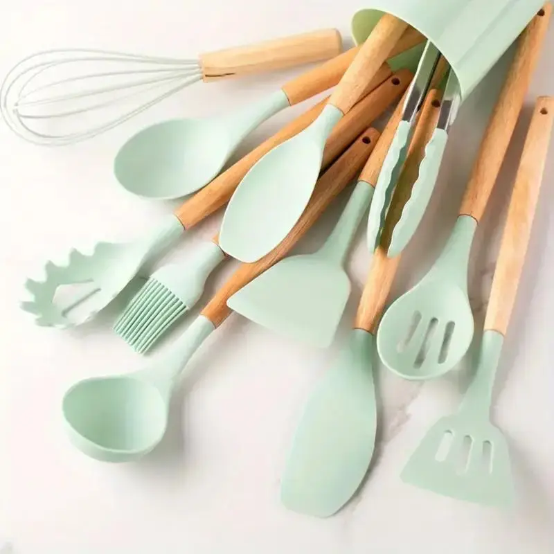 Silicone Cooking Utensil Set with Wooden Handle, 12pcs/set Non-stick  Cooking Baking  Spatula Tool Set with Holder, Kitchen C...