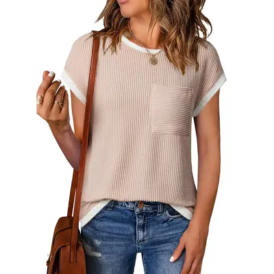 EVALESS Women's T Shirts Summer Outfits Crewneck Casual Short Sleeve Color Block Ribbed Knitwear Slim Fitted Blouses Tops 202...