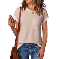 EVALESS Women's T Shirts Casual Summer Outfits Short Sleeve Crewneck Color Block Slim Fitted Ribbed Knitwear Comfort Basic Bl...