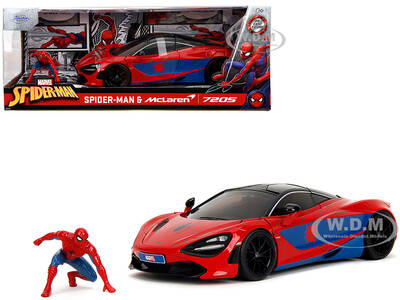 McLaren 720S Red and Blue with Black Top and Graphics and Spider-Man Diecast Figure \