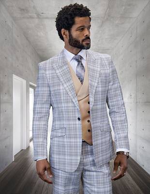 Mens 100% Wool 3 Piece Striped Suit - Electric Blue