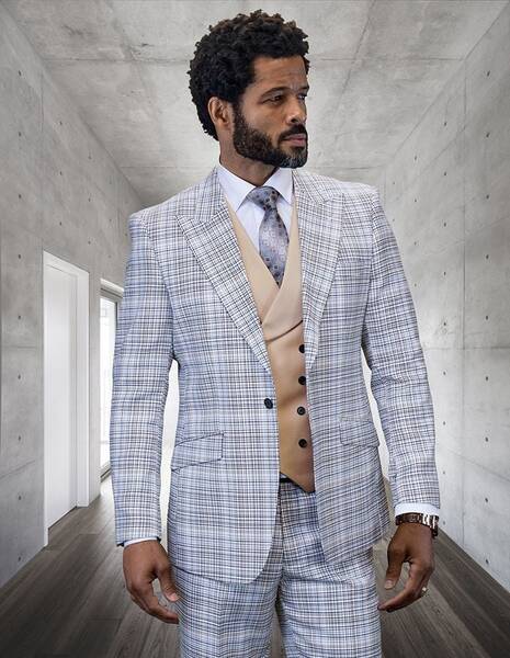 Mens 100% Wool 3 Piece Striped Suit - Electric Blue