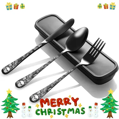 Skull Pattern Cutlery Set with Storage Box, 4counts/set Stainless Steel Fork & Spoon & Knife, Lunch Packing Accessories, Port...