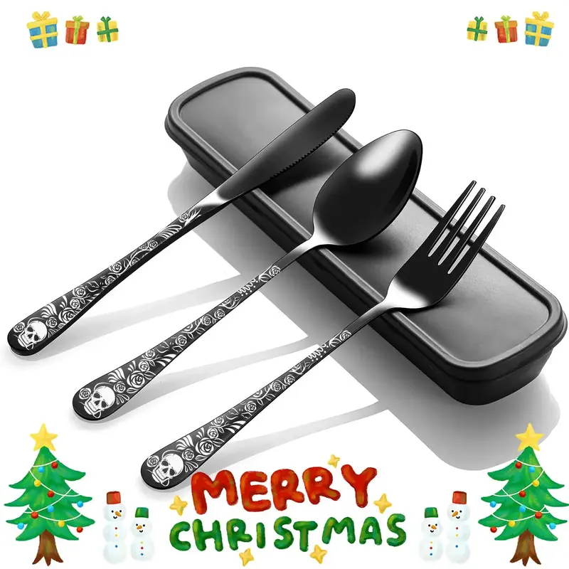 Skull Pattern Cutlery Set with Storage Box, 4counts/set Stainless Steel Fork & Spoon & Knife, Lunch Packing Accessories, Port...