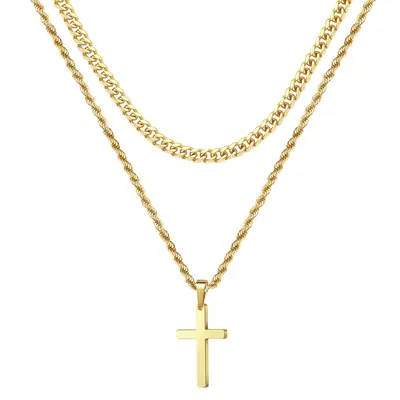 [Angela New Arrivals] Double-layer Cross Titanium Steel Necklace Advanced Twist Chain Personalized Hip-Hop Double-layer Stack...