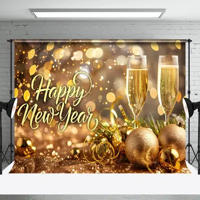 Golden Light Circle Ornaments Happy New Year Backdrop - Aperturee