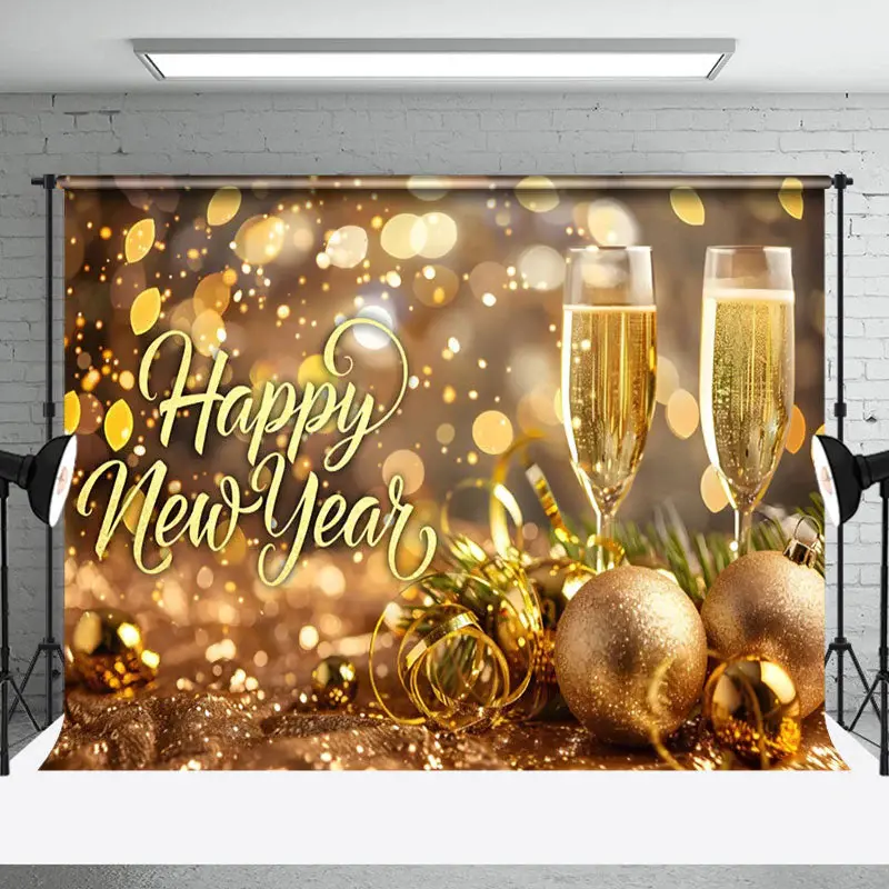 Golden Light Circle Ornaments Happy New Year Backdrop - Aperturee