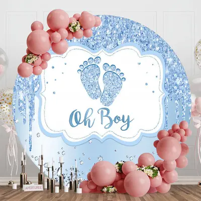 Aperturee Blue Oh Boy Footprint Round Baby Shower Backdrop, Diameter 5Ft/1.5M, 49 USD, round baby shower backdrops, RAH0B708-...