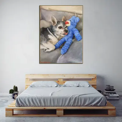 Original Dog and Toy Portrait from Photo Animal Colorful Pet Wall Art Decor for Bedroom | PAINTING FROM PHOTO #67
