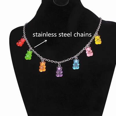 Stainless Steel & Resin Bear Tassel Necklaces for Women