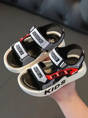 Letter Print Velcro Sandals, Casual Soft Sole Non-slip Sandals for Summer Vacation, Breathable Comfortable Sandals for Boys D...