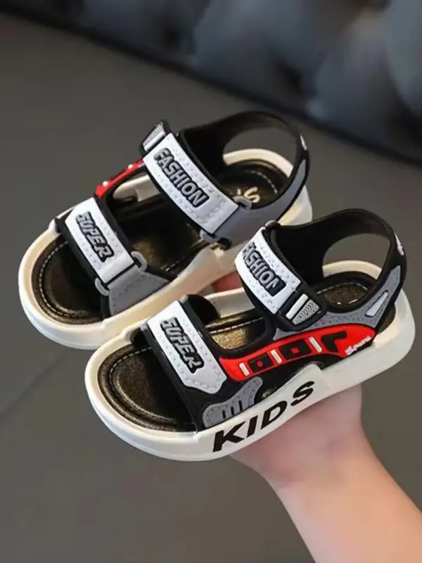 Letter Print Velcro Sandals, Casual Soft Sole Non-slip Sandals for Summer Vacation, Breathable Comfortable Sandals for Boys D...